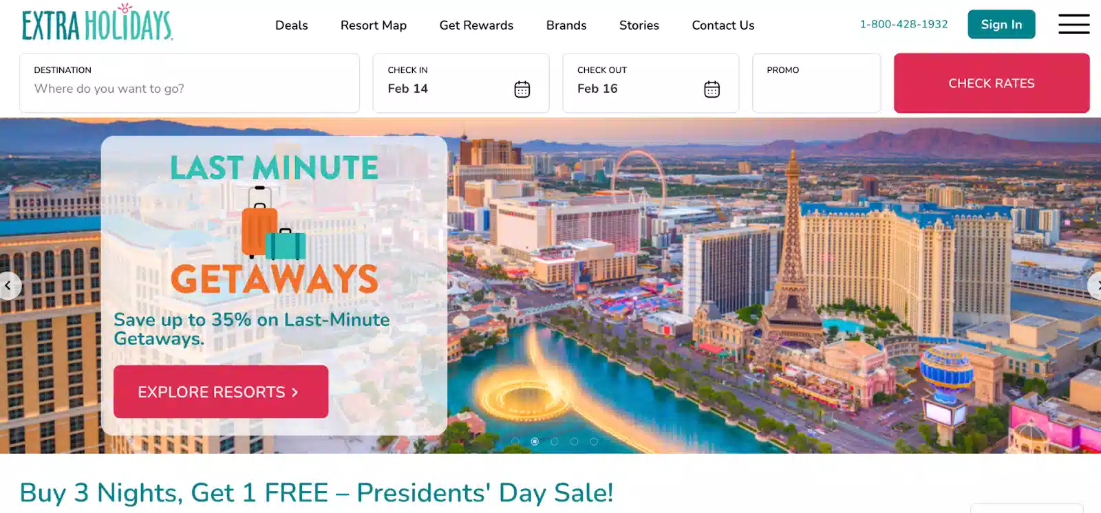 A vibrant travel website banner promoting last-minute getaways with discounts, featuring a city skyline and enticing offers for vacations.