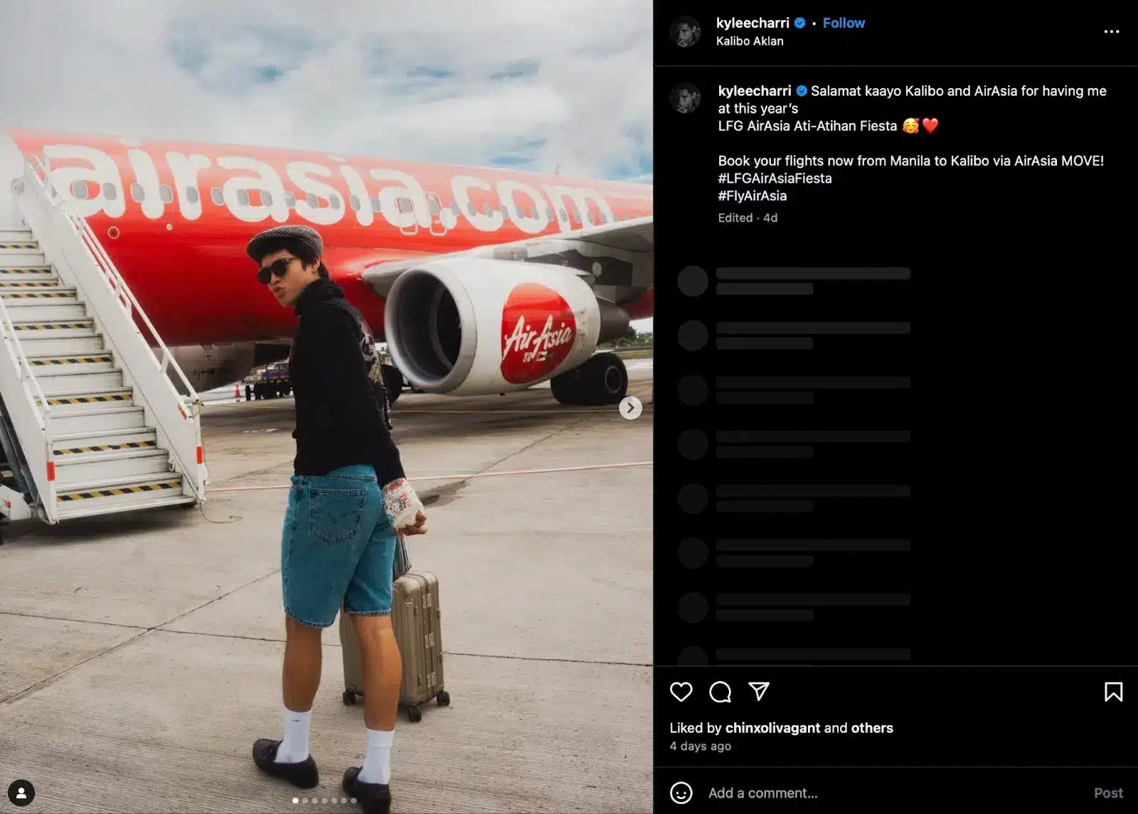 Person standing on airport tarmac with a small suitcase near an AirAsia airplane under a cloudy sky.