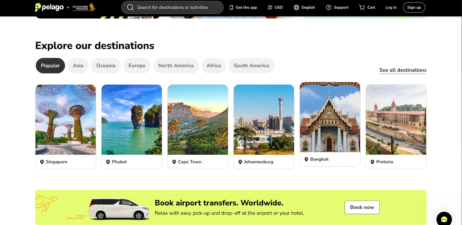 A webpage showcasing popular travel destinations, featuring images of Singapore, Phuket, Cape Town, Johannesburg, Bangkok, and Pretoria.