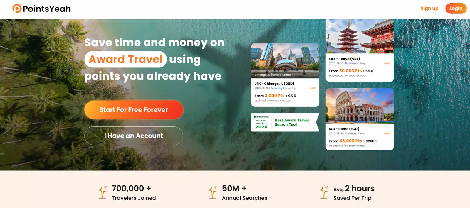 PointsYeah homepage promoting award travel savings through existing points, featuring flight options and user benefits.