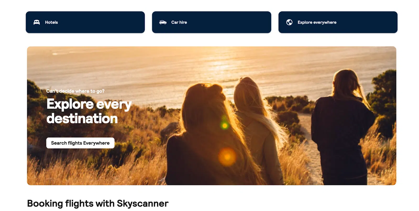 Three people silhouette watching a sunset over the ocean, with text promoting flight exploration and travel options.