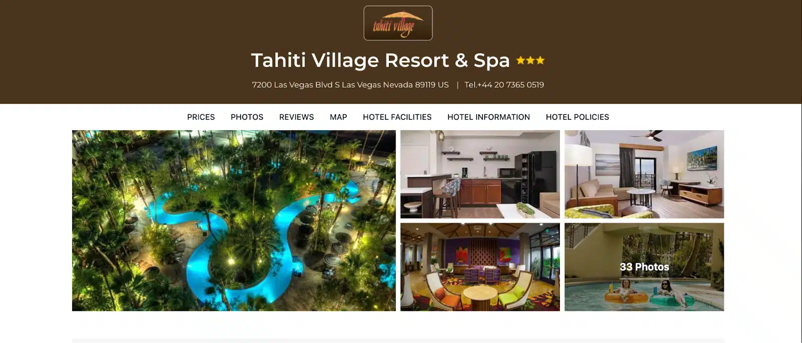 Aerial view of Tahiti Village Resort & Spa, showcasing a winding pool surrounded by lush greenery and vibrant seating areas.