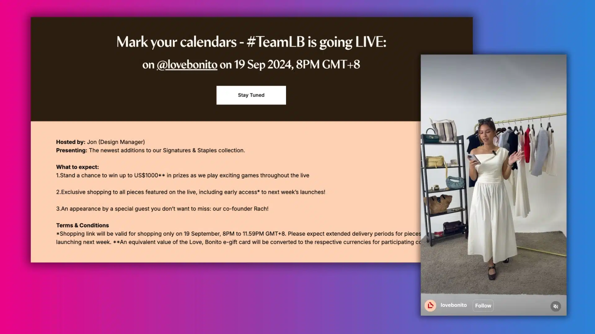 A promotional image for a live event by Love, Bonito featuring a host in a white dress, showcasing clothing items on display.