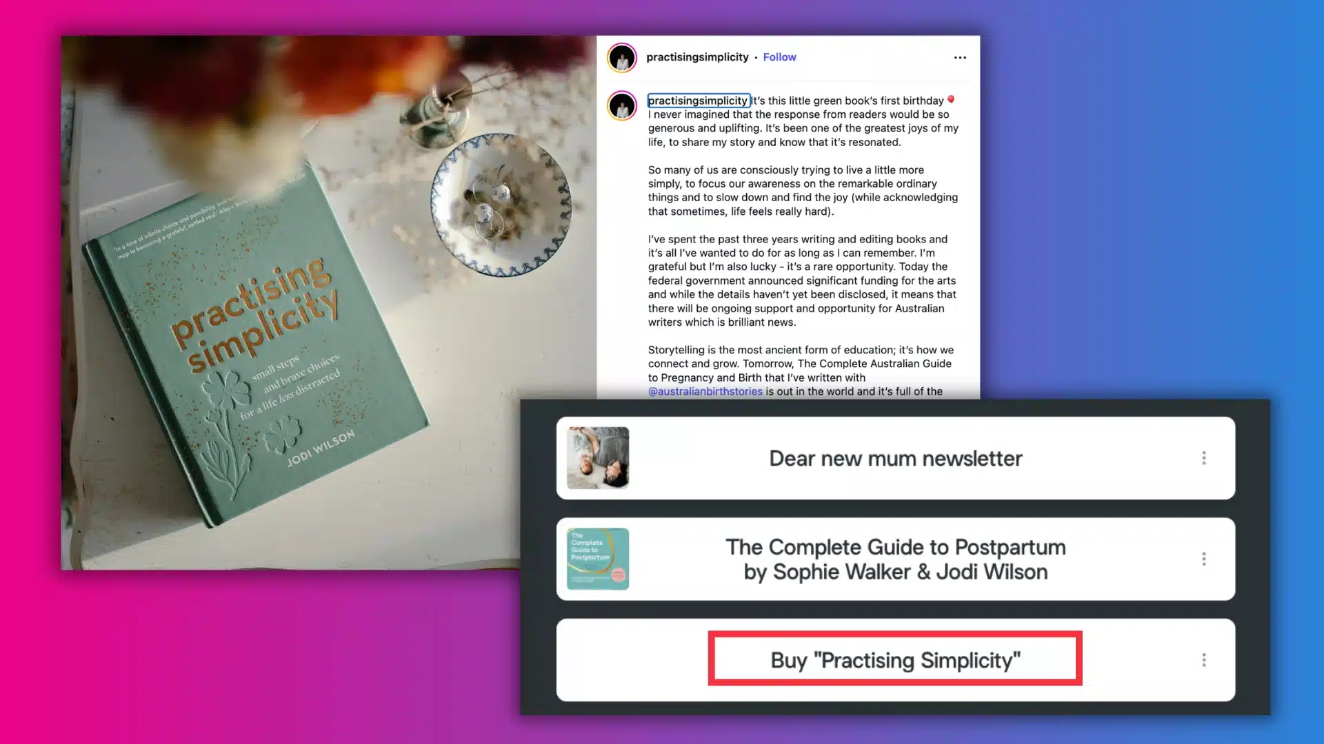 An open book titled "Practising Simplicity" by Jodi Wilson on a table, accompanied by decorative items and an Instagram post snippet.