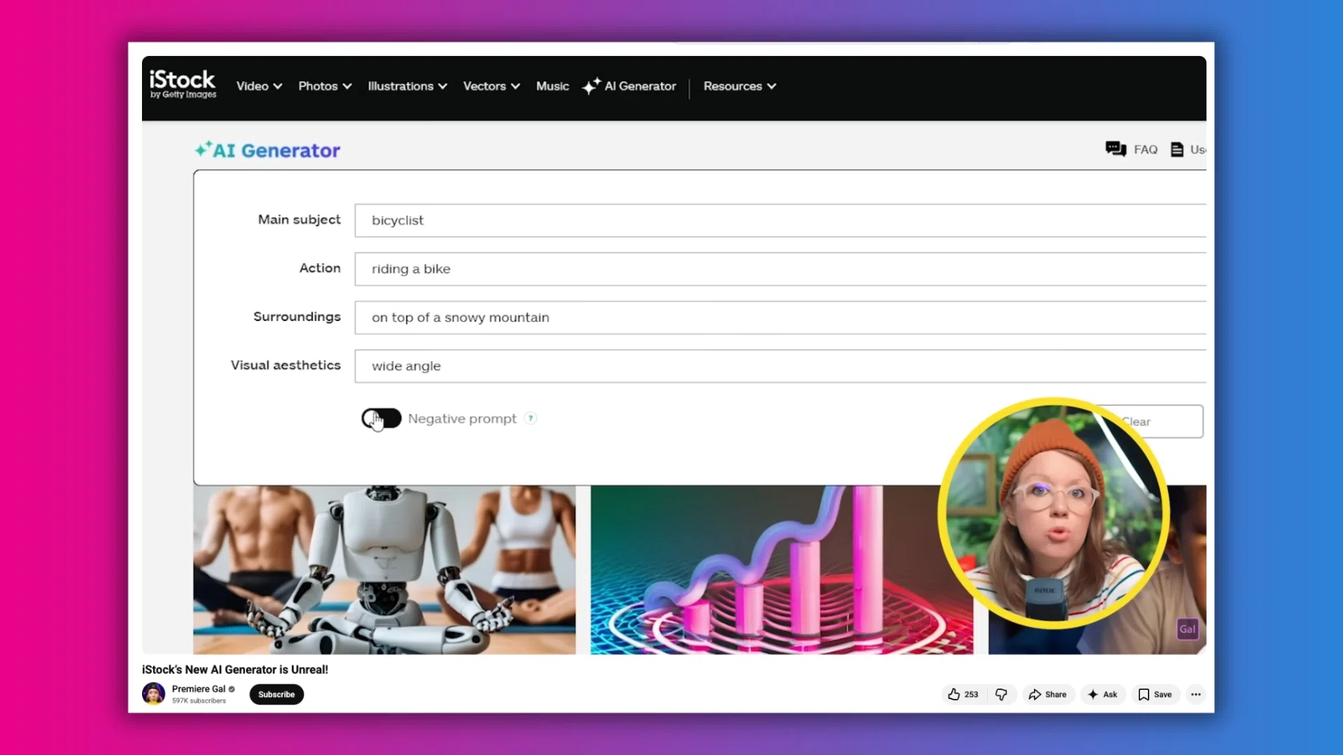 A cyclist rides a bike on a snowy mountain, with a wide-angle perspective showcasing a panoramic view.