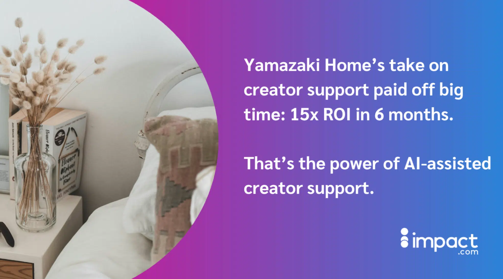 Text on a purple-blue gradient background beside a cozy bedroom corner with pillows and dried flowers in a glass vase.