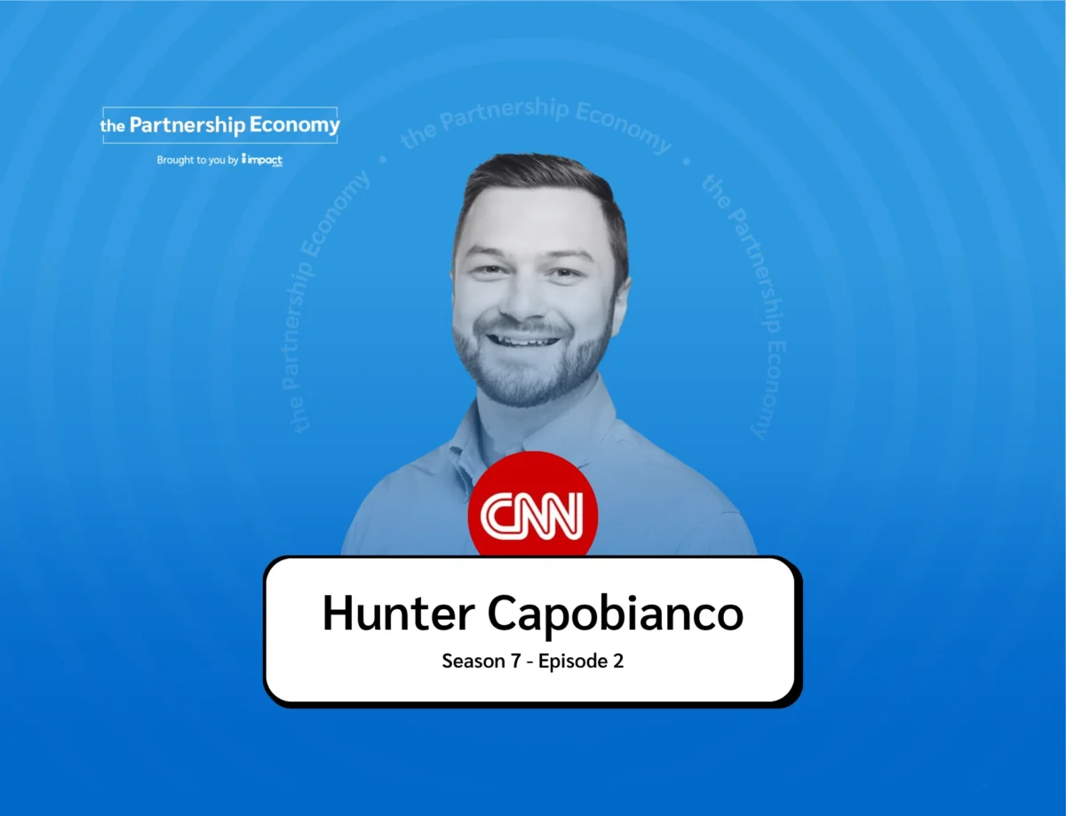 Blue background with text "the Partnership Economy," CNN logo, and "Hunter Capobianco Season 7 - Episode 2" below a blurred person.