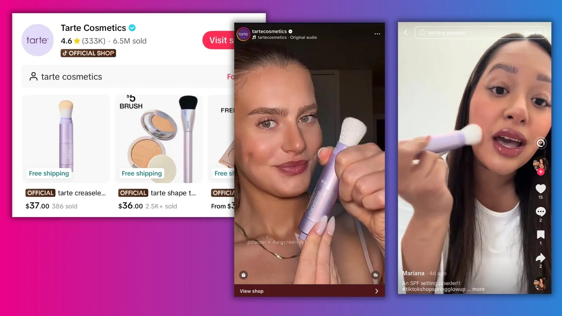 Screenshots showing Tarte Cosmetics products, two women demonstrating a lavender-colored makeup brush with white bristles.