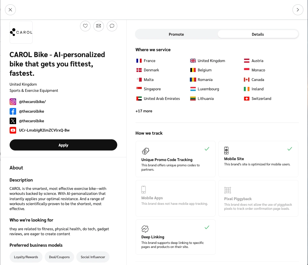 Job listing for CAROL Bike, an AI-personalized exercise bike brand serving 30+ countries, detailing tracking methods and social media links.