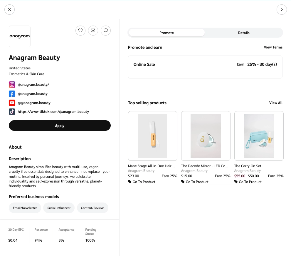 Anagram Beauty profile showing cosmetics and skin care products, social media links, and top selling items with earnings and prices.