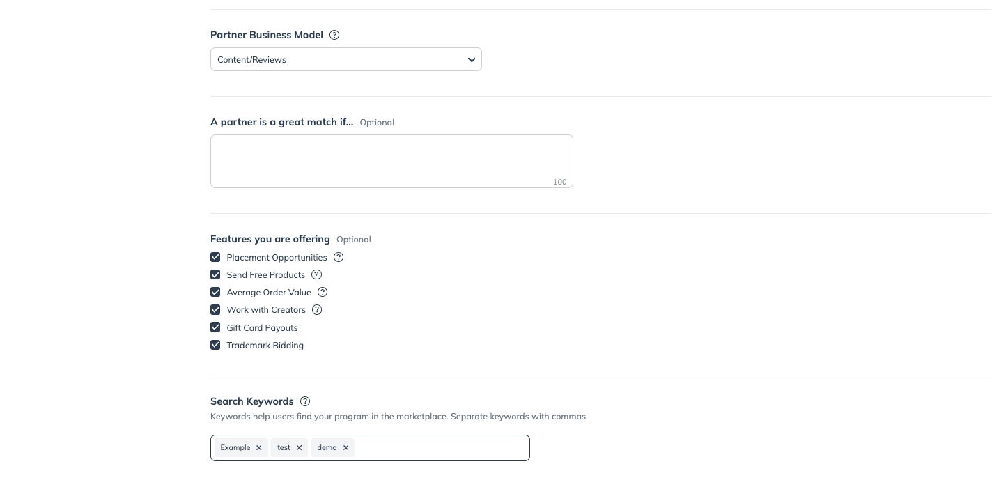 Form showing partner business model selection, optional partner match criteria, features offered checkboxes, and search keywords input.