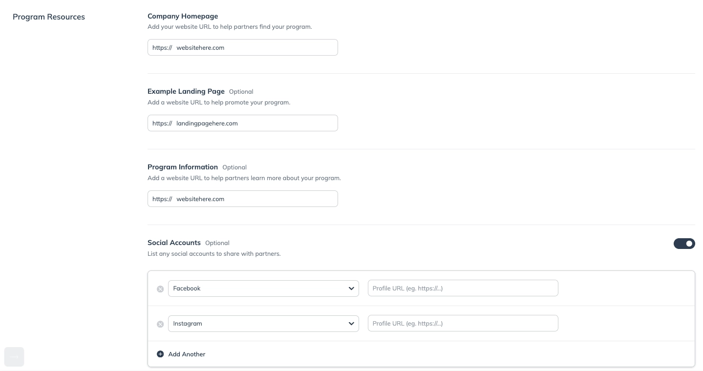 Form fields for entering company homepage, landing page, program info URLs, and optional social account links with Facebook and Instagram options.