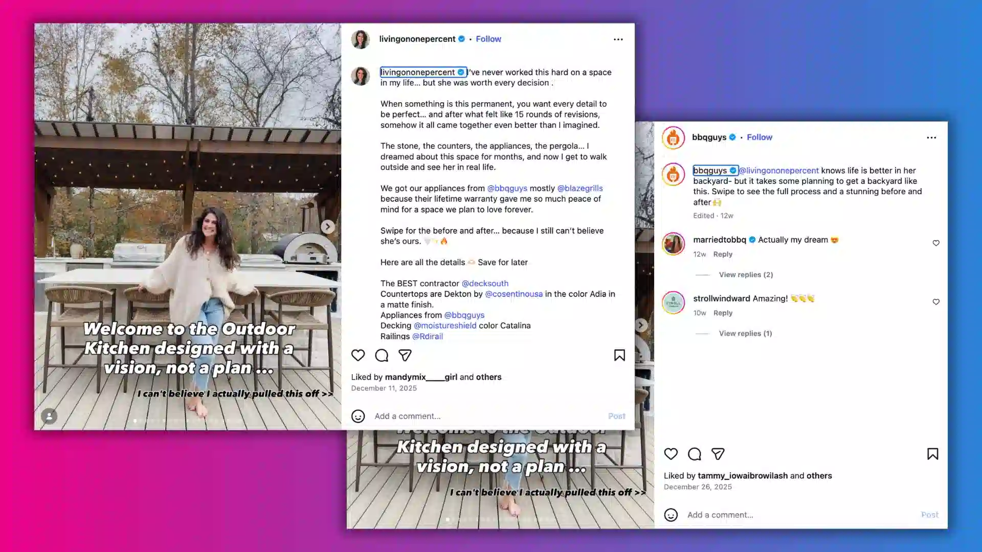 Screenshot of Instagram posts showcasing an outdoor kitchen with a woman standing on the deck, with text about design and planning.