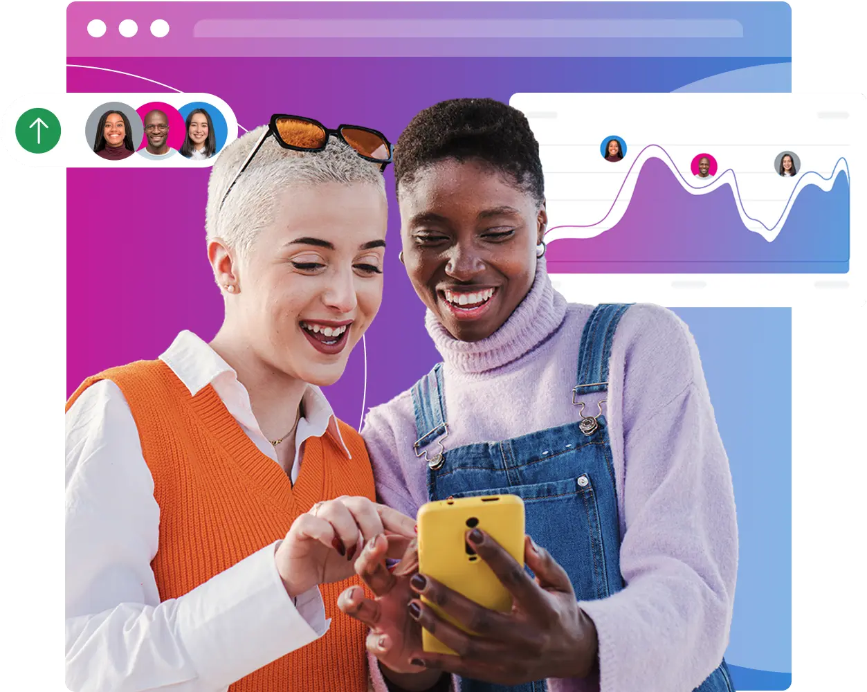 two woman smiling at phone