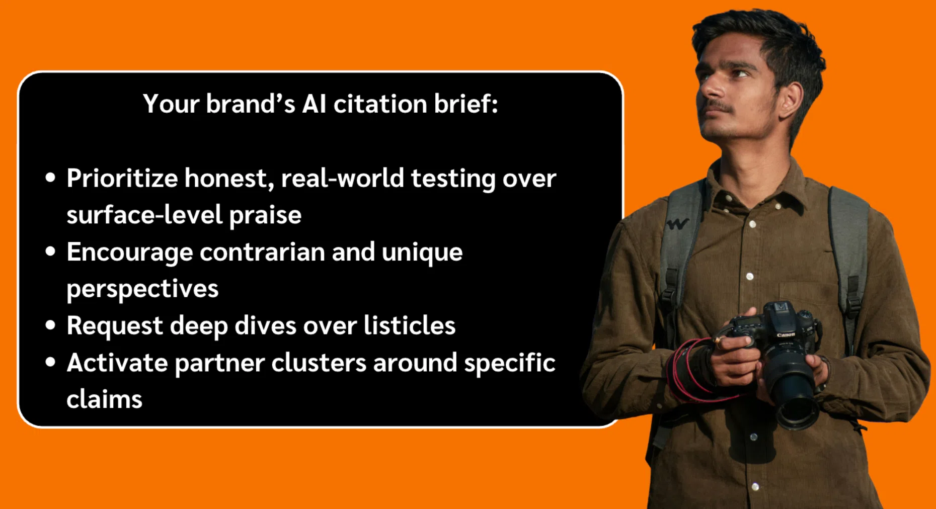Person holding a camera with a backpack next to a black board listing AI citation brief points on an orange background.