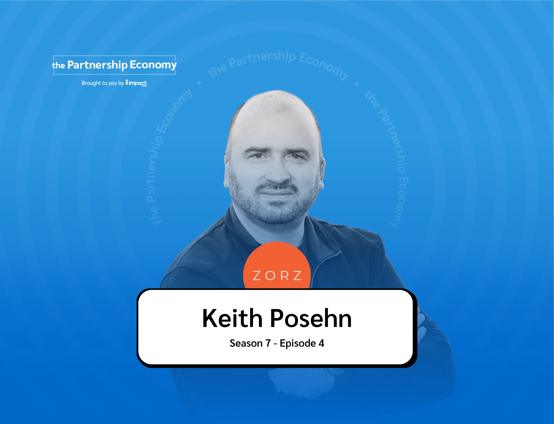 Promotional image for "the Partnership Economy" podcast, featuring guest Keith Posehn from ZORZ, Season 7 Episode 4 on a blue gradient background.