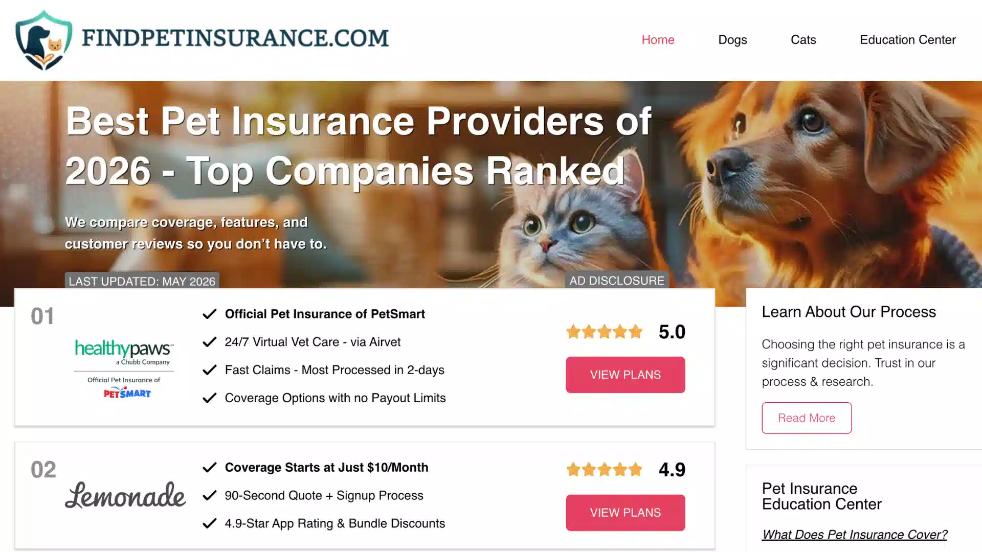 Website screenshot showing top pet insurance providers Healthy Paws and Lemonade ranked for 2026 with ratings and plan options.