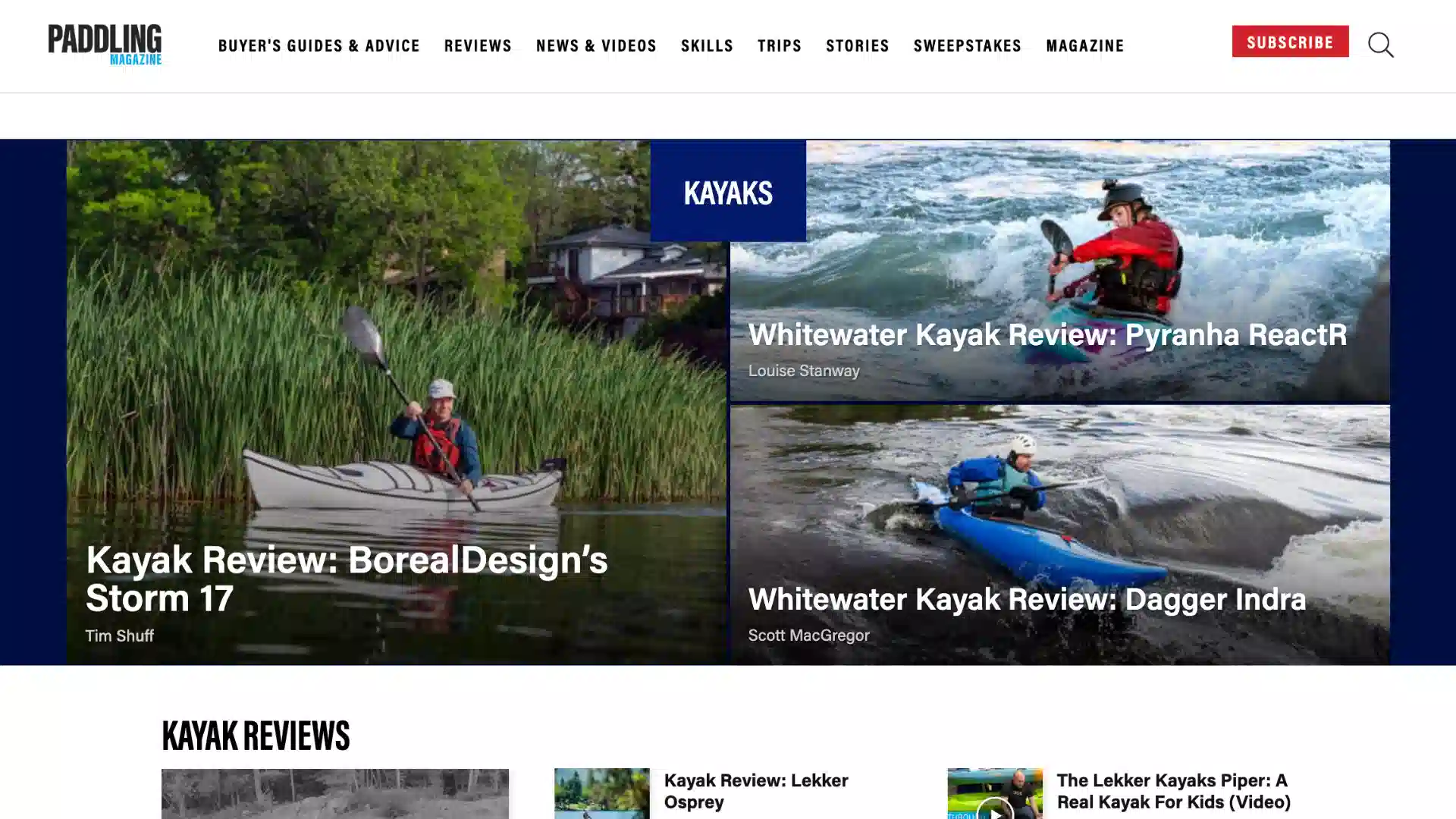 Website page of Paddling Magazine displaying kayak reviews with images of kayakers on calm and whitewater.