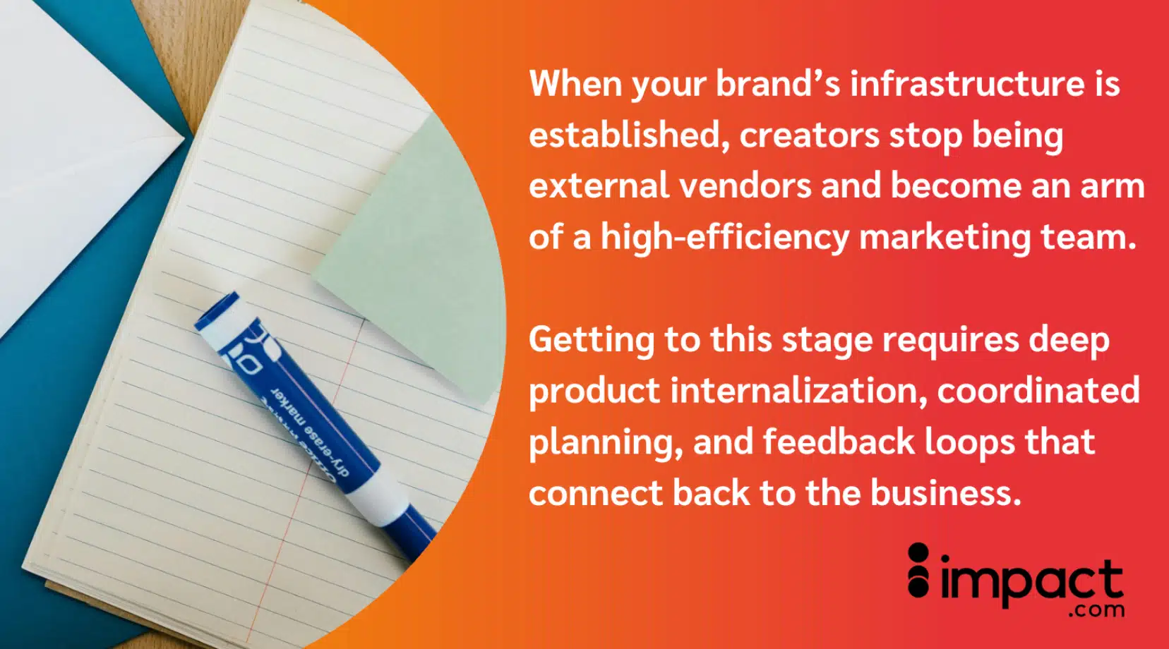 Alt text: Paper, pen, and envelope beside text about integrating creators into marketing teams for brand efficiency, with impact.com logo.