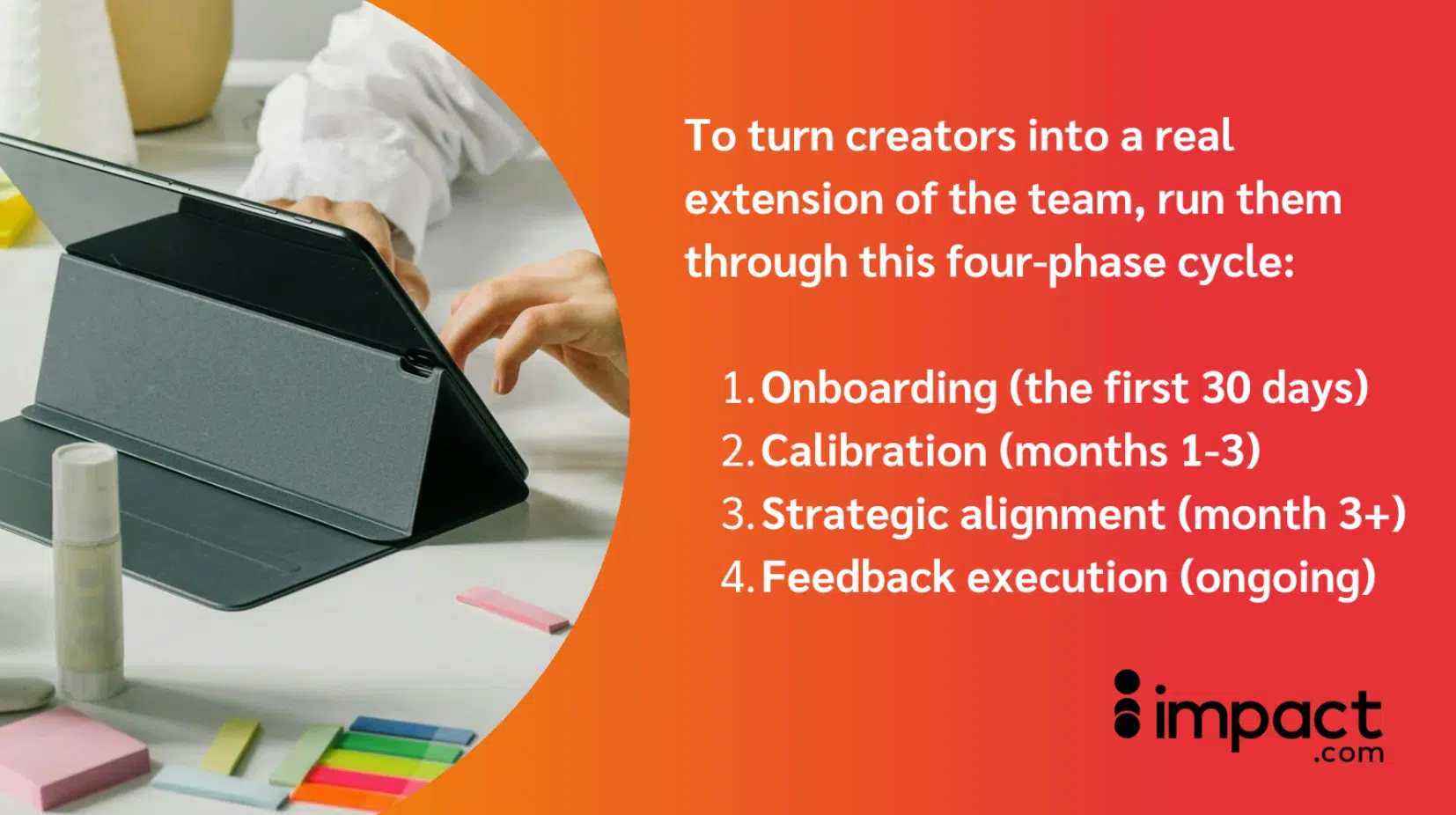 Text describing a four-phase cycle to integrate creators into teams: onboarding, calibration, strategic alignment, and feedback execution, by impact.com.