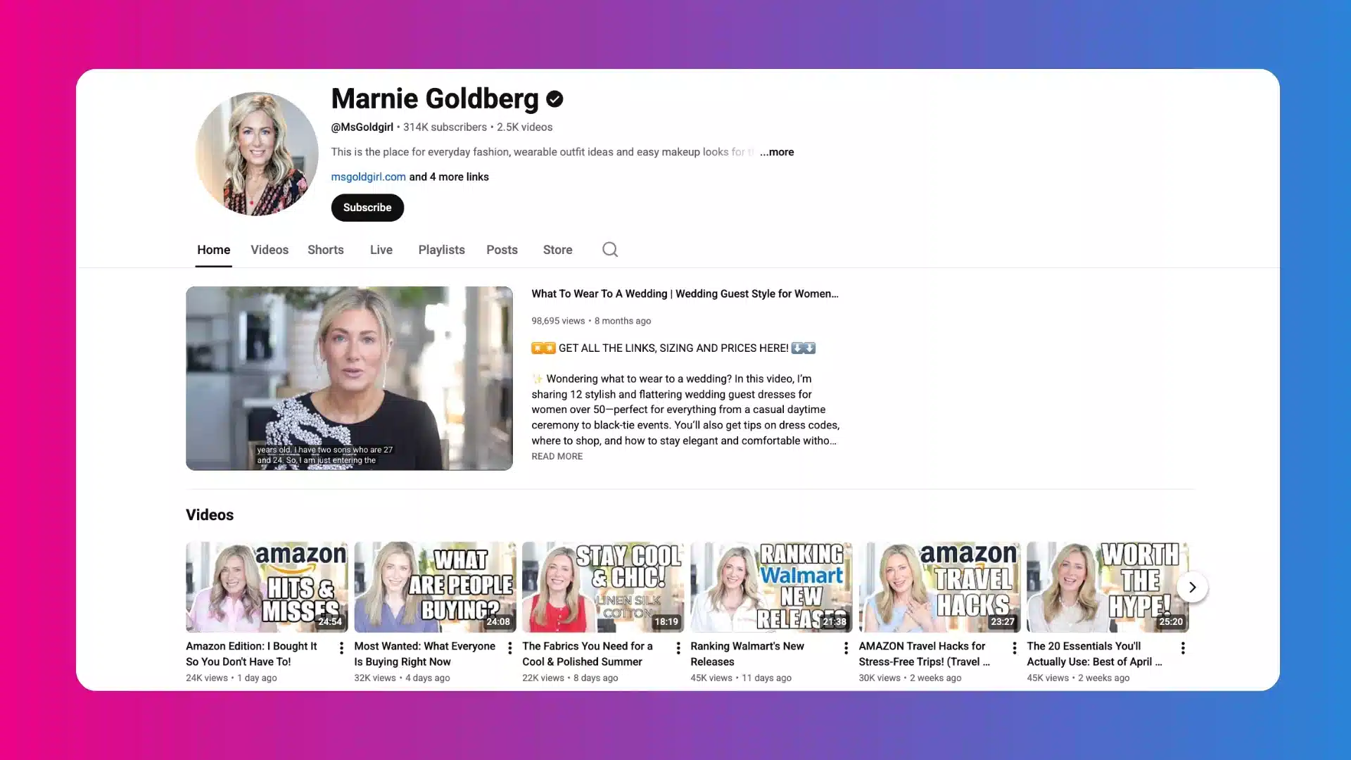 YouTube channel page of Marnie Goldberg featuring fashion and lifestyle video thumbnails and subscriber details.