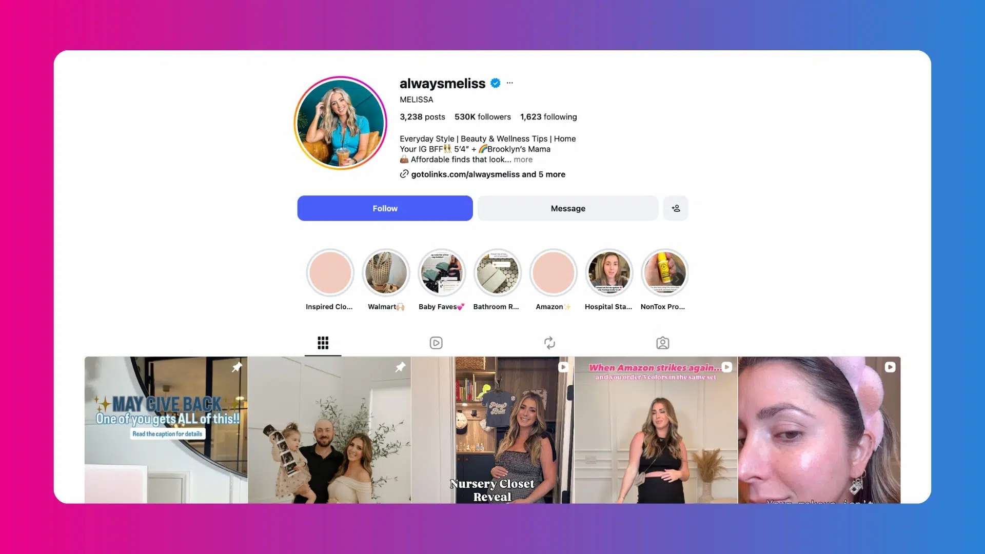 Instagram profile of alwaysmeliss showing lifestyle and wellness content with highlighted stories and recent posts.