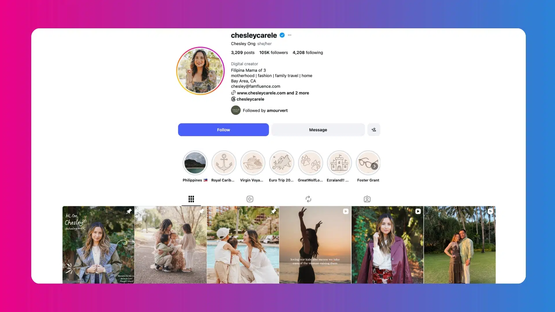 Instagram profile page of Chesley Carele, a digital creator and Filipina mama of 3, featuring photos of family, fashion, and travel content.