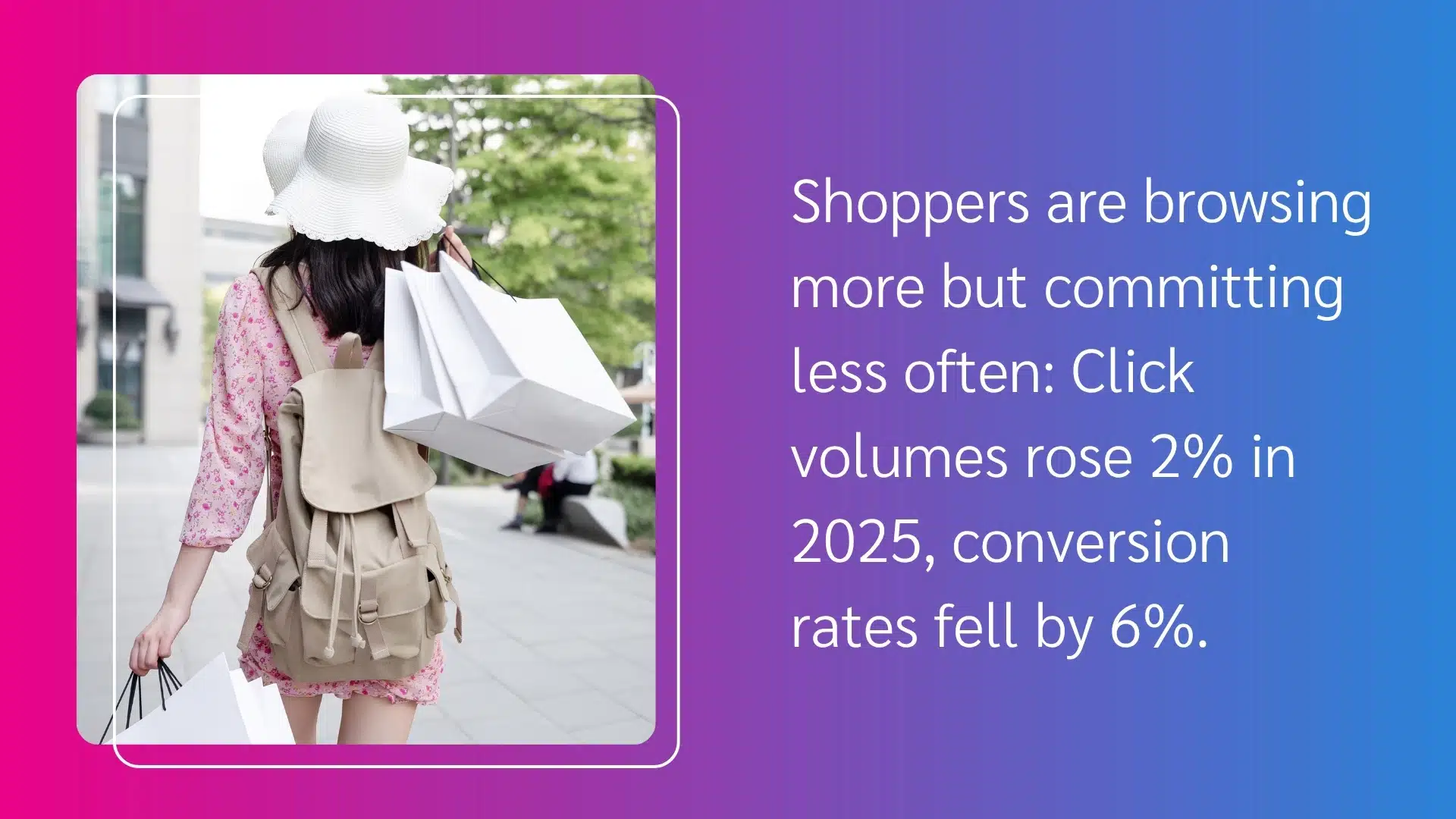 Woman in a sun hat and backpack walking outdoors carrying multiple white shopping bags, alongside text about shopping trends in 2025.