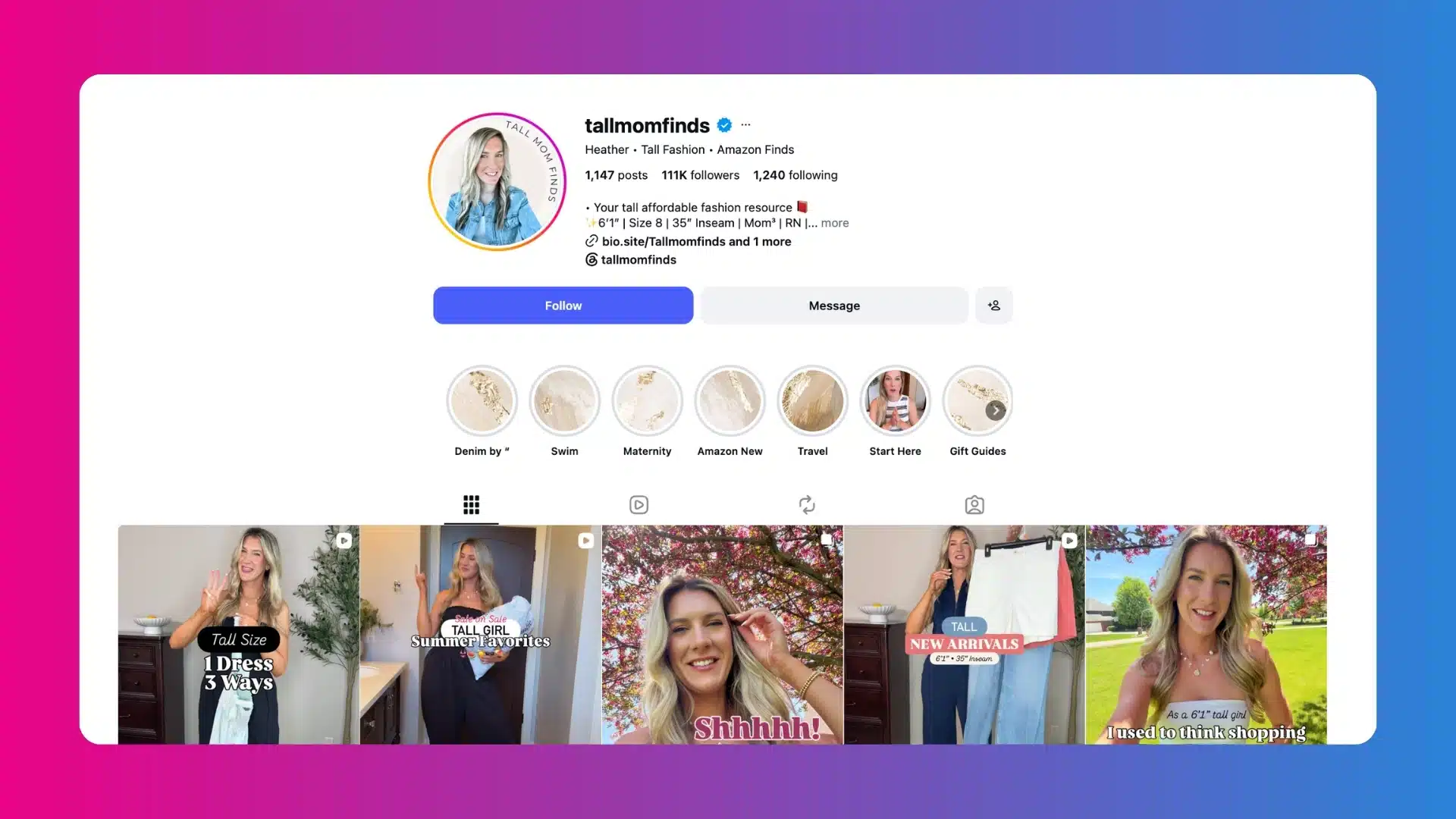 Instagram profile of tallmomfinds featuring tall fashion tips, Amazon finds, and style videos for tall women.