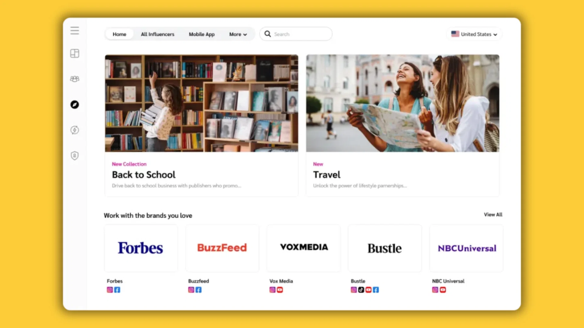 Homepage of a website featuring a bright yellow background with navigation links and content sections displayed.