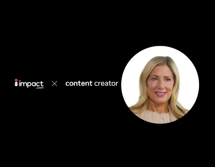 Headshot of Marnie Goldberg content creator on black background with impact logo