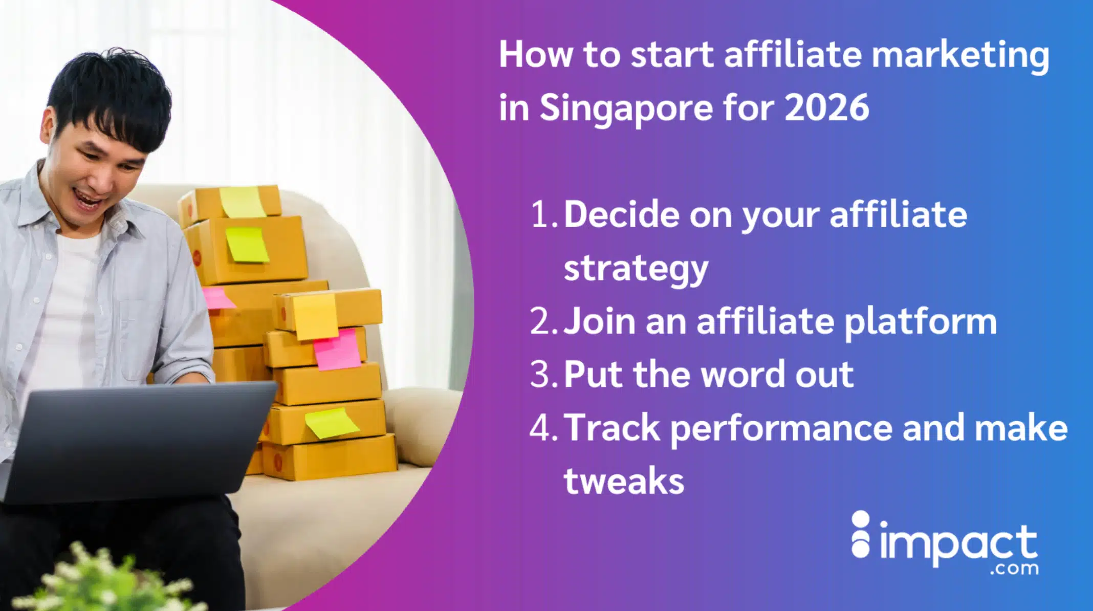 Man using a laptop beside packages, with text outlining four steps to start affiliate marketing in Singapore in 2026.