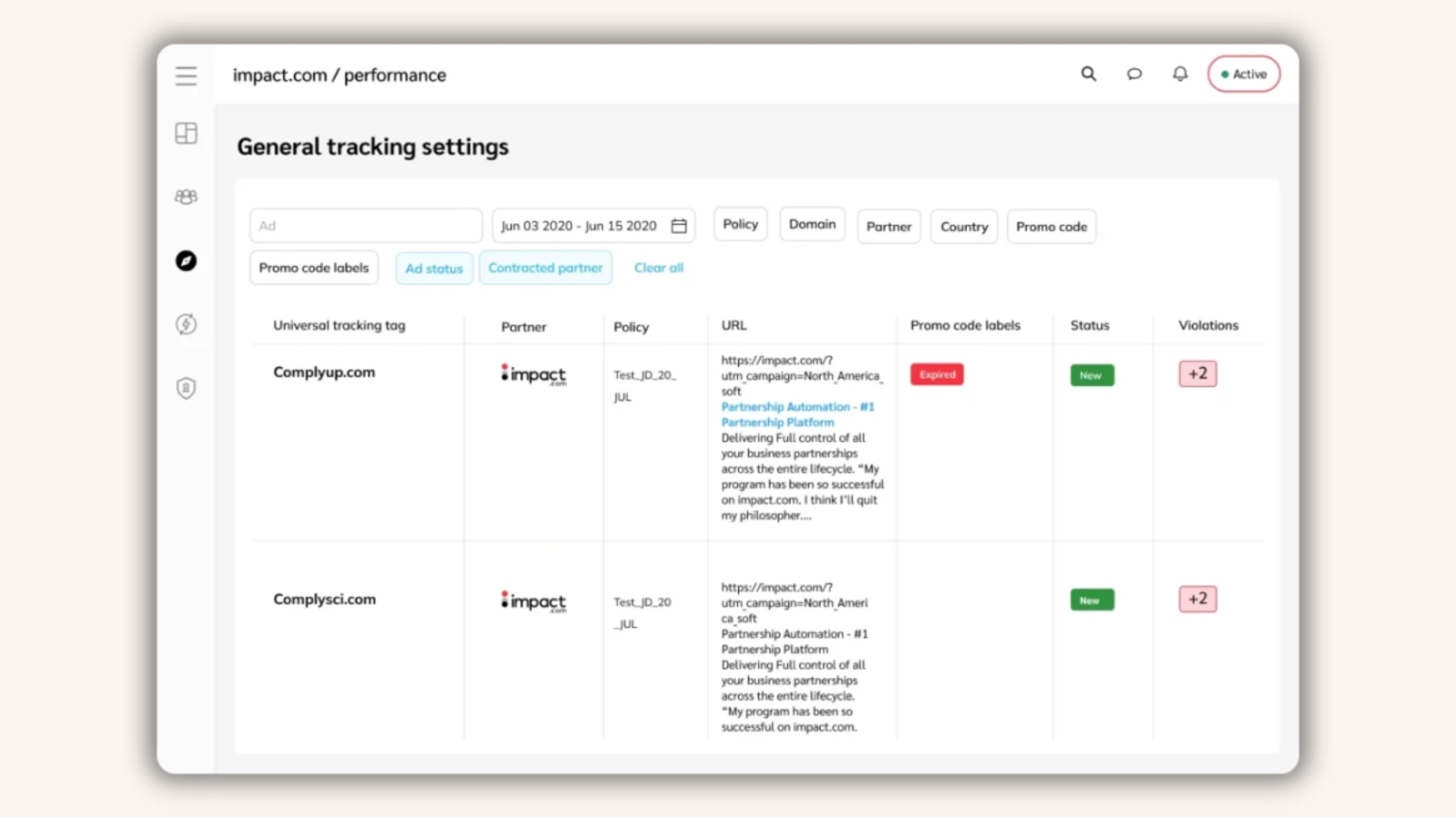 Impact.com performance dashboard showing general tracking settings, filters, partner URLs, statuses, promo labels, and violations.