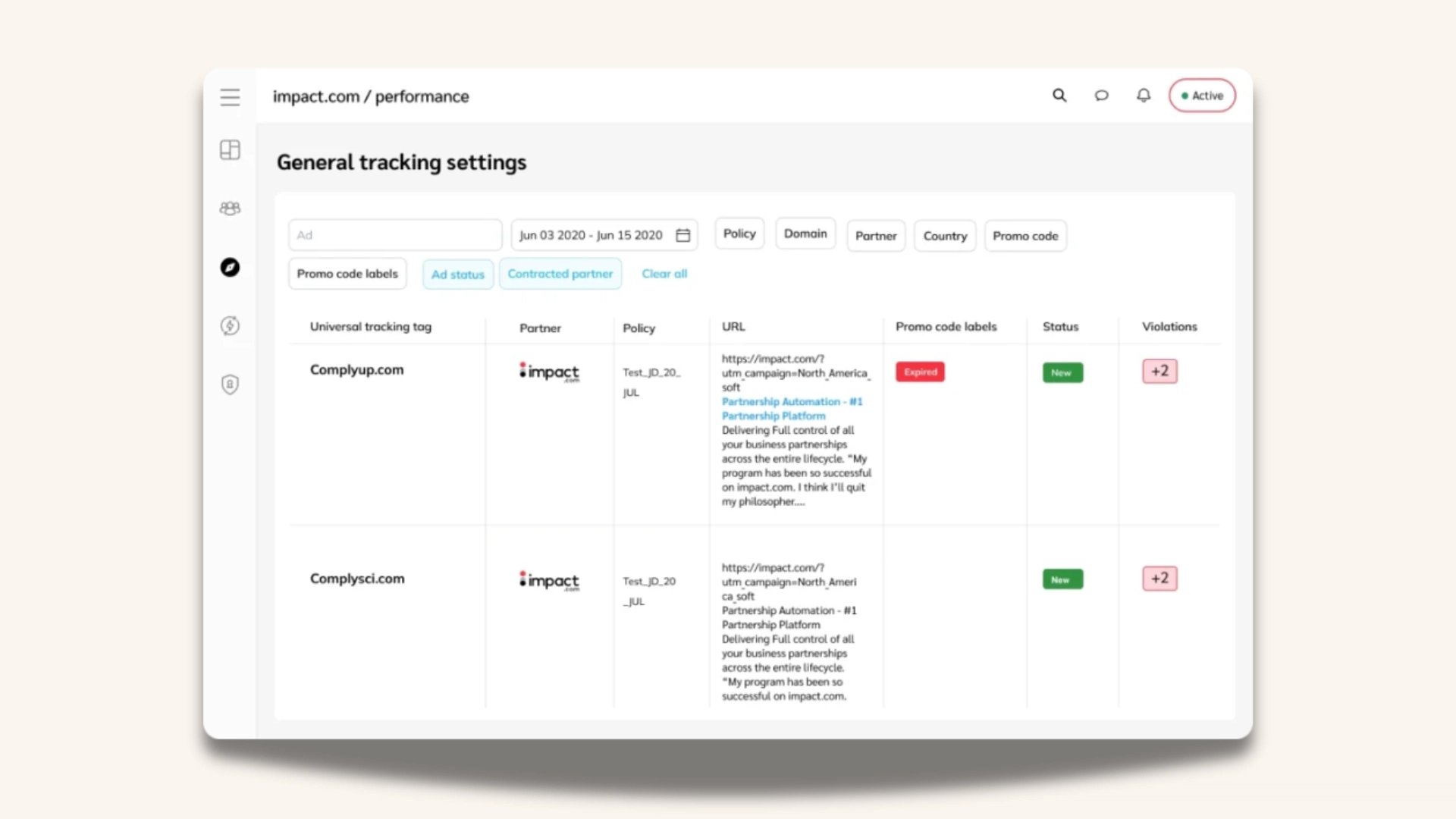 Impact.com performance dashboard showing general tracking settings, filters, and partner tracking records with statuses and violations.