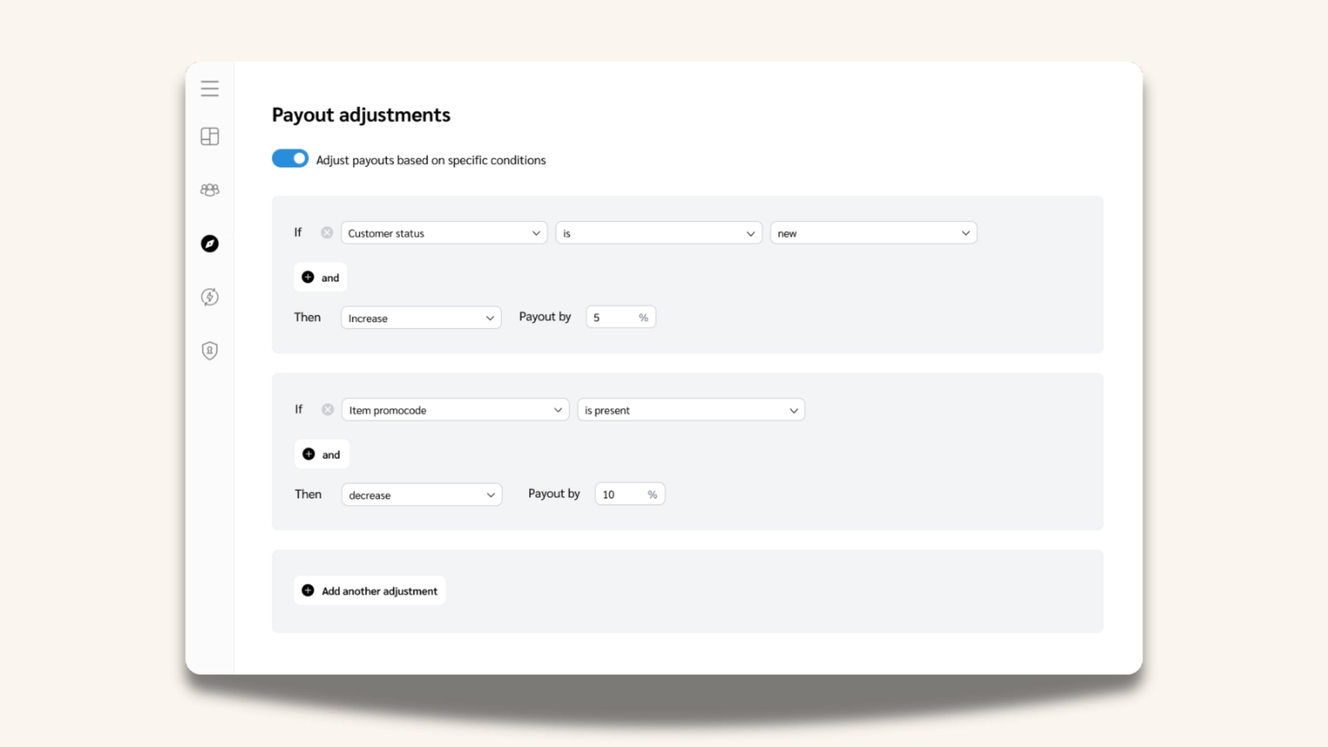 Payout adjustments interface showing a 5% increase for new customers and a 10% decrease when a promo code is present.