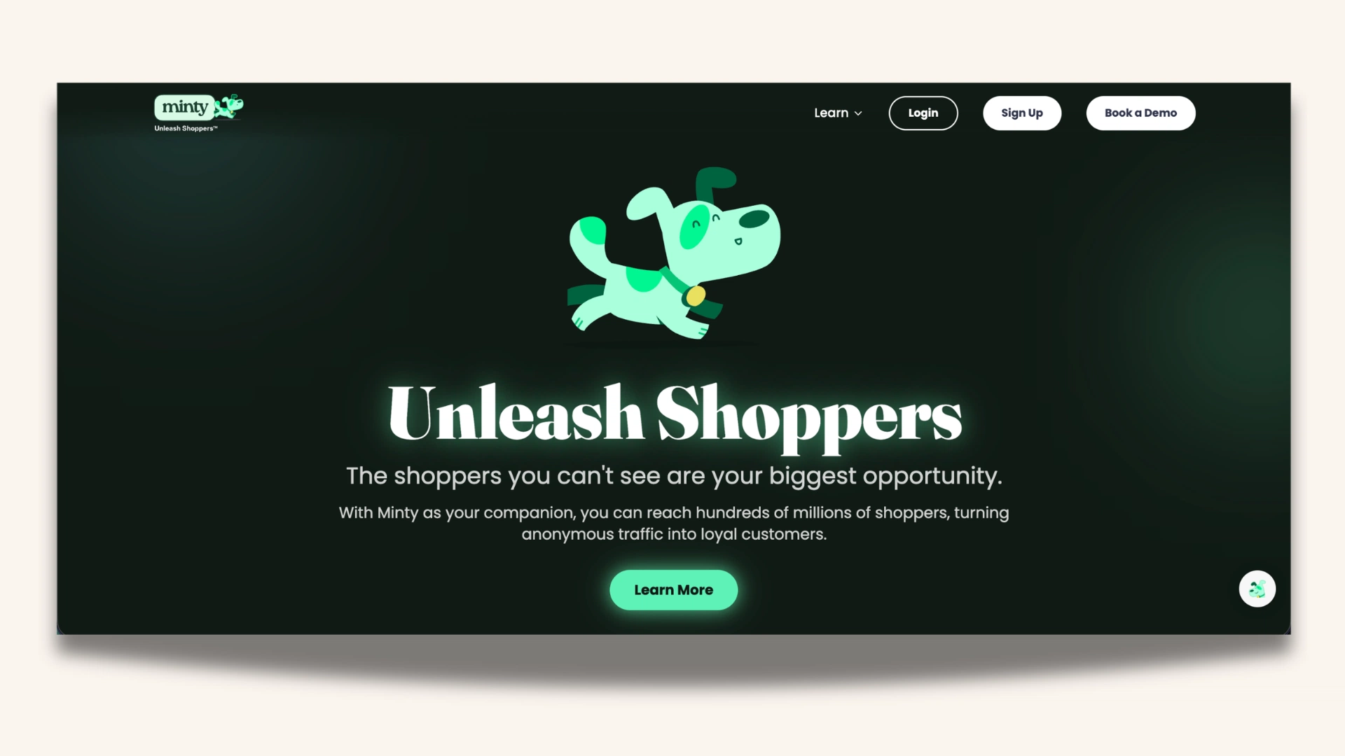 Minty website hero page featuring a cartoon dog, “Unleash Shoppers” headline, marketing text, and navigation buttons.